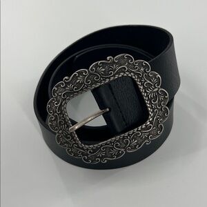 Vintage‎ express Black Leather Belt with Ornate Buckle western cowgirl